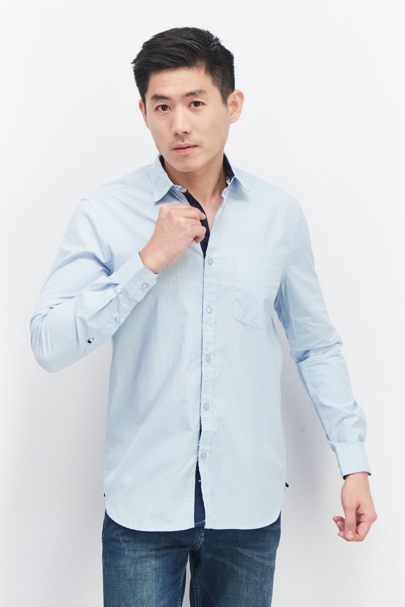 william rast Men Regular Fit  Houndstooth Print Long Sleeves Casual Shirt, Light Blue - Image 1