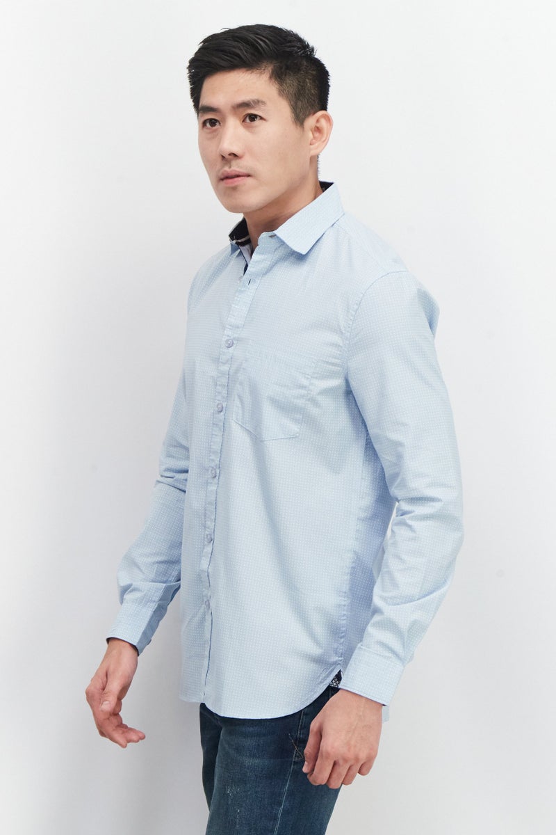 william rast Men Regular Fit  Houndstooth Print Long Sleeves Casual Shirt, Light Blue - Image 2