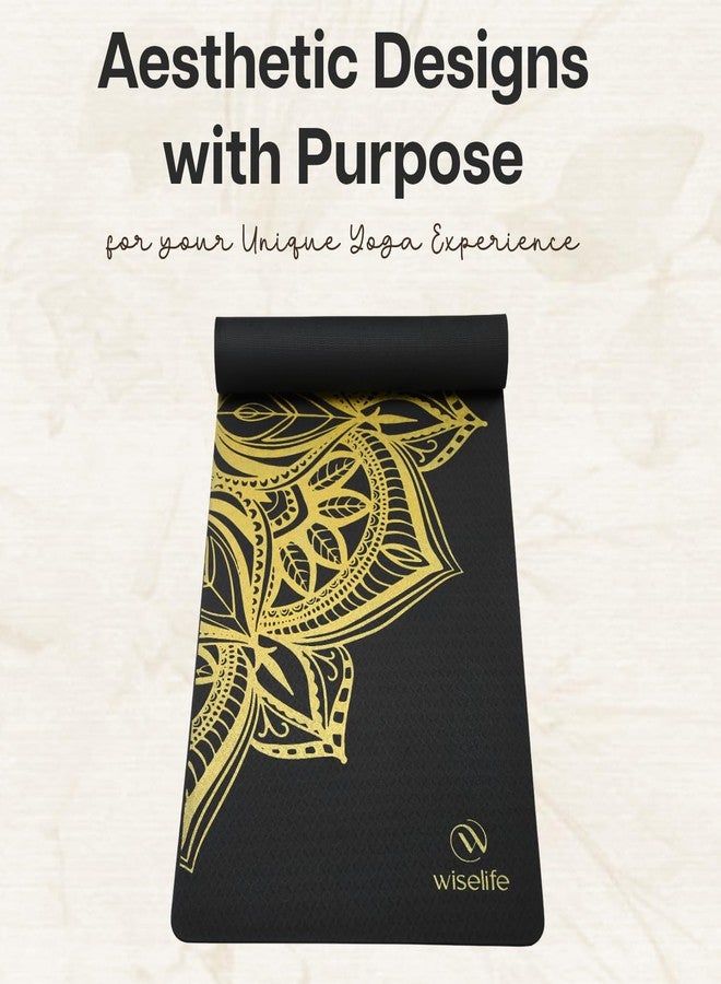 الحكمة والحياة بساط يوغا مطبوع من وايز لايف (العلامة التجارية الأولى لليوغا في الهند) | حزام يوغا للرجال والنساء والأطفال | بساط رياضي مانع للانزلاق، سميك للغاية، طويل وعريض، مناسب للتمارين الرياضية واللياقة البدنية والنادي الرياضي والمنزل والبيلاتس 6 مم (ماندالا سوداء) - Image 2