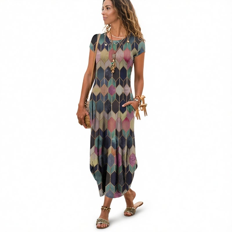 Women's Printed A-Line Dress with Pockets, Round Neck, Flared Hem - Image 1