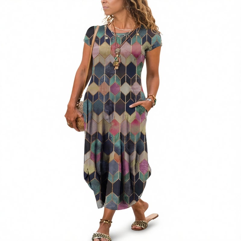 Women's Printed A-Line Dress with Pockets, Round Neck, Flared Hem - Image 3