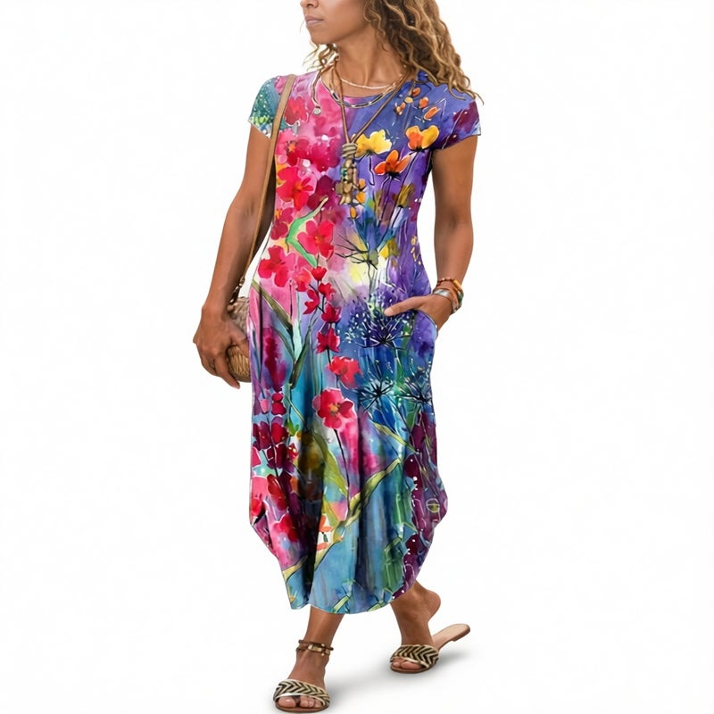 Women's Printed A-Line Dress with Pockets, Round Neck, Flared Hem - Image 2