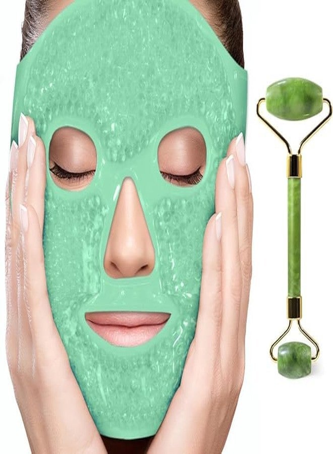 CREWLA Cooling Face Masks For Women Man, Skin Care Hot Cold Therapy Full Face Mask for Migraines, Headache, Stress, Redness, Puffiness,Puffy Eyes, Dark Circles, Soft Fabric Backing, Reusable, (FREE Face Roller) - Image 1
