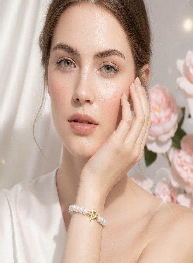 SUPER SOFTENER Latest Stylish Pearl Initial Bracelet for Women & Girls | Gold-Plated A-Z Bubble Letter Charm | Dainty Beaded Design | Personalized Gift for Women And Girl (Pearl Initial Bracelet - P) - Image 2