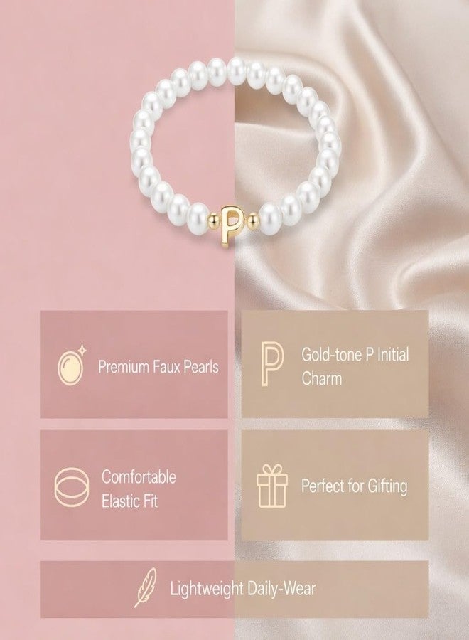 SUPER SOFTENER Latest Stylish Pearl Initial Bracelet for Women & Girls | Gold-Plated A-Z Bubble Letter Charm | Dainty Beaded Design | Personalized Gift for Women And Girl (Pearl Initial Bracelet - P) - Image 3