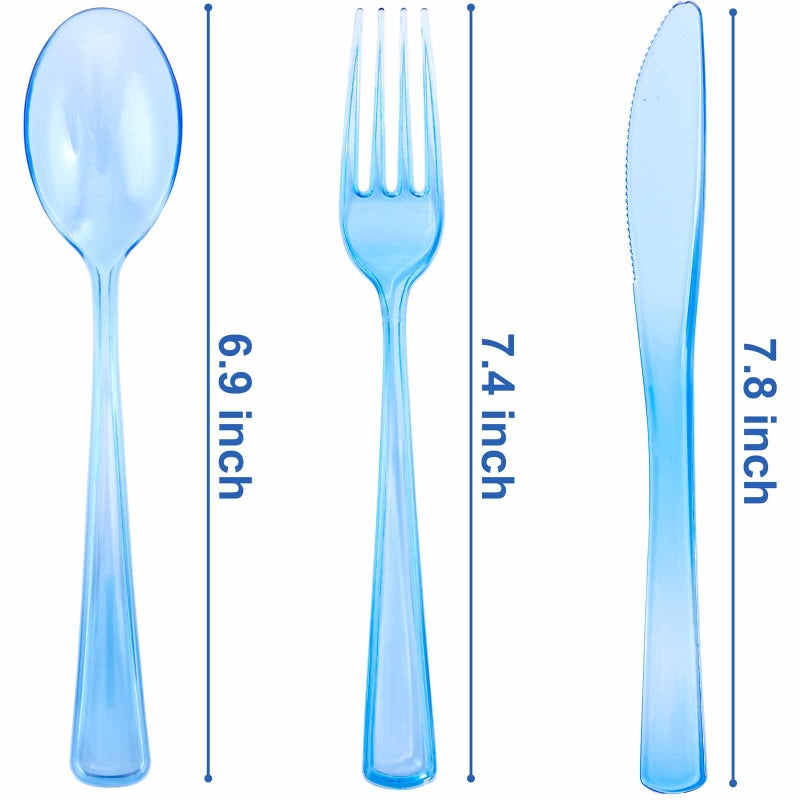 WDF 180 Pieces Blue Plastic Silverware Disposable - Clear Blue Cutlery Sets 60 Forks  60 Knives and 60 Spoons - Heavy Duty Utensils for Party  Wedding  Graduation - Image 1