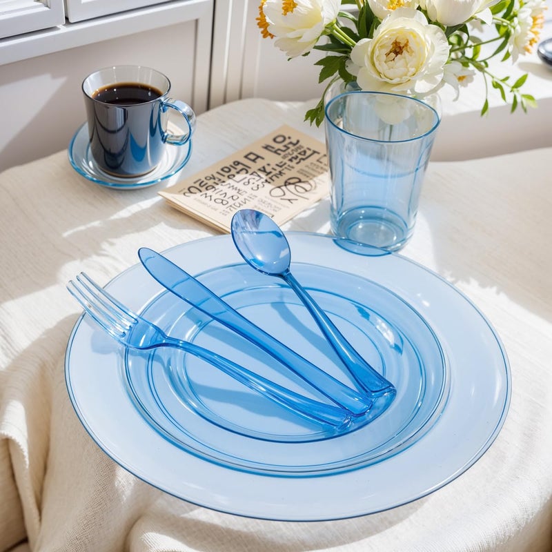 WDF 180 Pieces Blue Plastic Silverware Disposable - Clear Blue Cutlery Sets 60 Forks  60 Knives and 60 Spoons - Heavy Duty Utensils for Party  Wedding  Graduation - Image 3