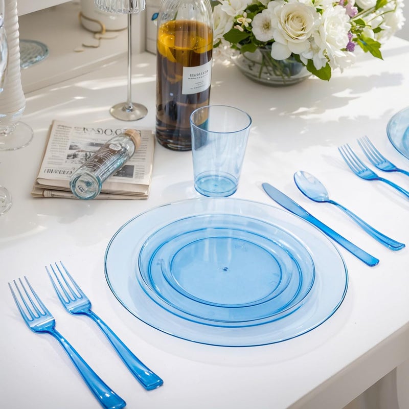 WDF 180 Pieces Blue Plastic Silverware Disposable - Clear Blue Cutlery Sets 60 Forks  60 Knives and 60 Spoons - Heavy Duty Utensils for Party  Wedding  Graduation - Image 2