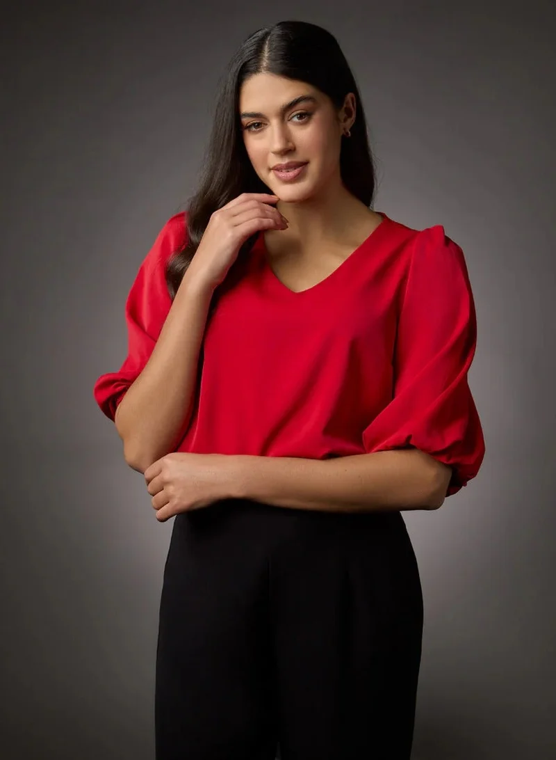 Zigzag Vneck Balloon Half Sleeve Red Top