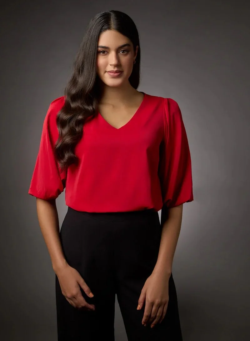 Zigzag Vneck Balloon Half Sleeve Red Top