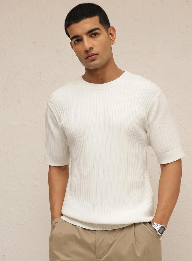 ساسافراس Men White Round Neck Relaxed Fit T-Shirt