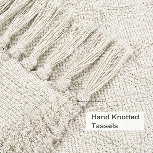 Uphome Boho Bathroom Rug 2' x 3', Washable Small Farmhouse Bedroom Rugs with Tassels, Beige Geometric Bath Mats for Home Decor, Cotton Woven Moroccan Tufted Throw Rug for Entryway Front Door Kitchen - Image 4