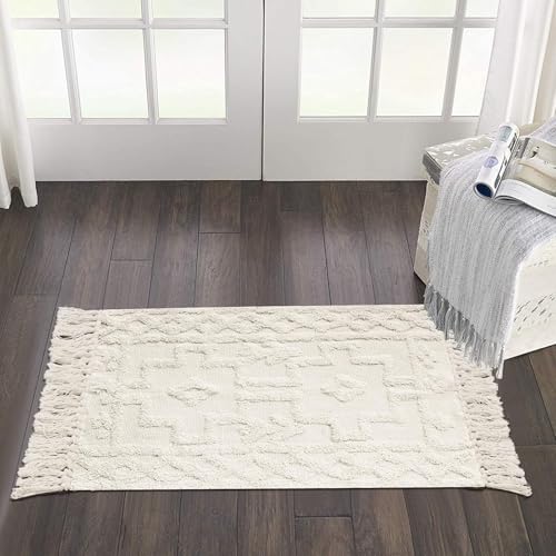 Uphome Boho Bathroom Rug 2' x 3', Washable Small Farmhouse Bedroom Rugs with Tassels, Beige Geometric Bath Mats for Home Decor, Cotton Woven Moroccan Tufted Throw Rug for Entryway Front Door Kitchen - Image 1