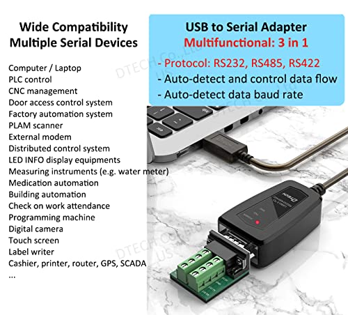 DTech USB to Serial Adapter RS422 RS485 R232 to USB Cable (3 in 1 Interface) Supports DC 5V with Breakout Board LED Lights for Multi-Kind Control Devices Windows 11 10 8 7 XP Mac (1.5ft) - Image 3
