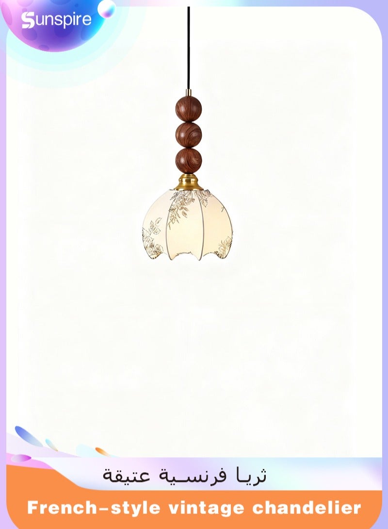 Sunspire French vintage-style pendant light, ceiling-mounted fixture with LED bulb featuring three-colour adjustable dimming. Adorned with a patterned fabric lampshade, suitable for recessed ceiling installation in corridors, bedrooms, living rooms, and kitchen entrances.