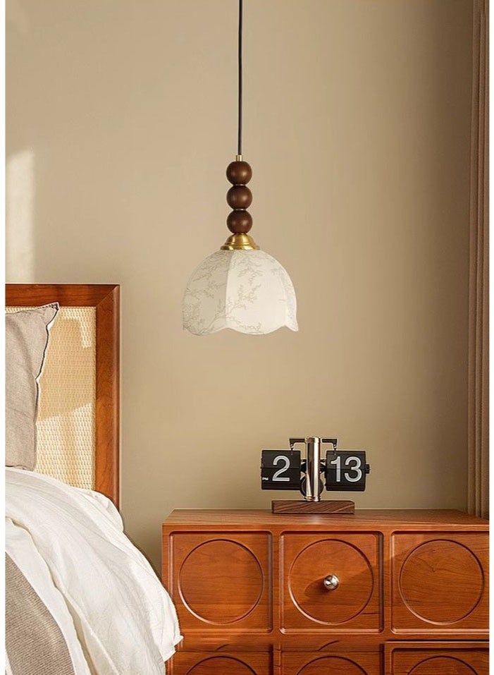 Sunspire French vintage-style pendant light, ceiling-mounted fixture with LED bulb featuring three-colour adjustable dimming. Adorned with a patterned fabric lampshade, suitable for recessed ceiling installation in corridors, bedrooms, living rooms, and kitchen entrances. - Image 5