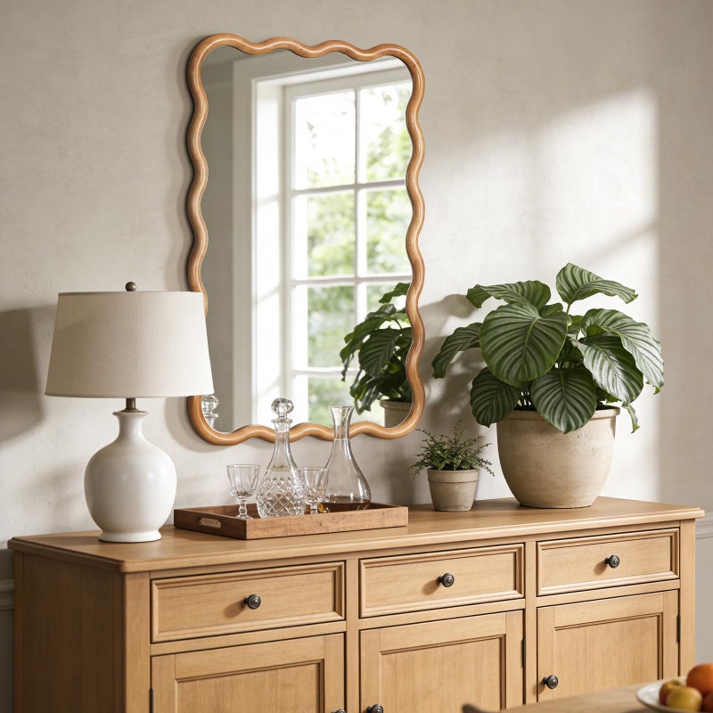 WallBeyond 24"x36" Wavy Wood Mirror, Natural Wood Boho Accent Wall Mirror with Wooden Frame, Decorative Wall Mounted Mirror for Horizontal or Vertical Hanging in Bathroom, Bedroom, Living Room - Image 2