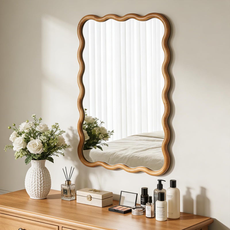WallBeyond 24"x36" Wavy Wood Mirror, Natural Wood Boho Accent Wall Mirror with Wooden Frame, Decorative Wall Mounted Mirror for Horizontal or Vertical Hanging in Bathroom, Bedroom, Living Room - Image 3