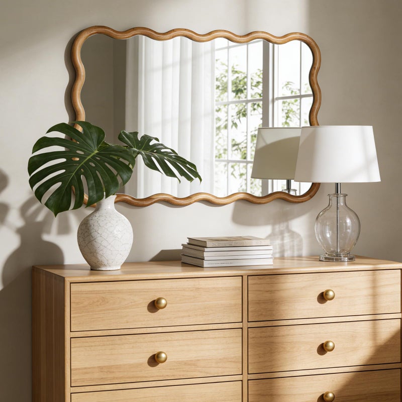 WallBeyond 24"x36" Wavy Wood Mirror, Natural Wood Boho Accent Wall Mirror with Wooden Frame, Decorative Wall Mounted Mirror for Horizontal or Vertical Hanging in Bathroom, Bedroom, Living Room - Image 4