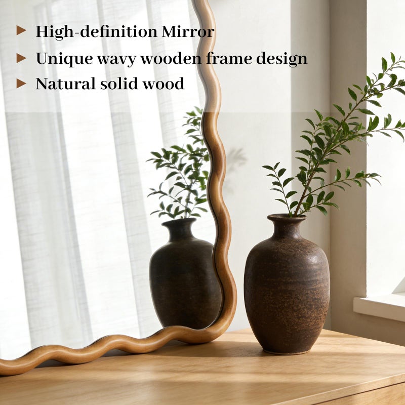 WallBeyond 24"x36" Wavy Wood Mirror, Natural Wood Boho Accent Wall Mirror with Wooden Frame, Decorative Wall Mounted Mirror for Horizontal or Vertical Hanging in Bathroom, Bedroom, Living Room - Image 5