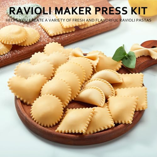 MUMSUNG Ravioli Maker Press, Ravioli Press Mold Set - Round, Heart, Square Ravioli Stamp Maker Cutter with Wood Rolling Pin, 2.6" Empanada Maker Press Kit and Ravioli Wheel 3 PCS - Image 2