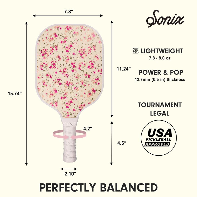Sonix | Stylish Premium Pickleball Paddle | Fiberglass Surface, Non-Slip Cushion Grip| Single Pickle Ball Racket | Pink Floral Print | Cottage Floral Pink - Image 5