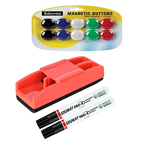 Eduway Magnetic Kit for Magnetic White Board (2 Black Marker, 1 Magnetic Duster, 10 Magnets) | Premium Whiteboard Supplies- (Multicolor) - Image 1