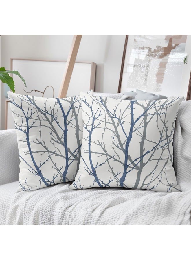aportt Navy Blue Gray Tree Pillow Covers 18x18 Inch Grey Blue Branch Print Decorative Pillow Cases Blue White Nature Plant Throw Pillows Set of 2 Seasonal Modern Farmhouse Home Decor For Sofa Couch Outdoor - Image 4