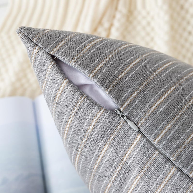 K KEVIN TEXTILE Kevin Textile Grey and Beige Farmhouse Striped Patchwork Linen Decorative Throw Pillows Covers 18x18  Set of 2  Modern Accent Square Cushion Covers for Couch Chair Bedroom Fall Decorations  - Image 3