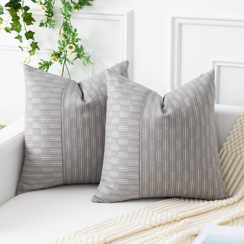 K KEVIN TEXTILE Kevin Textile Grey and Beige Farmhouse Striped Patchwork Linen Decorative Throw Pillows Covers 18x18  Set of 2  Modern Accent Square Cushion Covers for Couch Chair Bedroom Fall Decorations  - Image 1