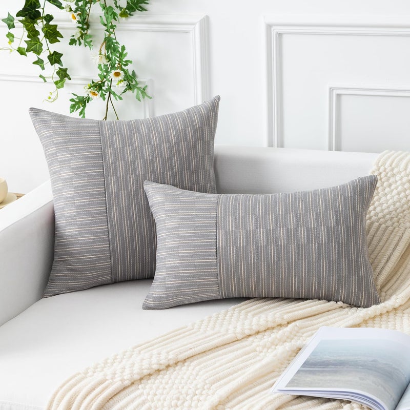 K KEVIN TEXTILE Kevin Textile Grey and Beige Farmhouse Striped Patchwork Linen Decorative Throw Pillows Covers 18x18  Set of 2  Modern Accent Square Cushion Covers for Couch Chair Bedroom Fall Decorations  - Image 5