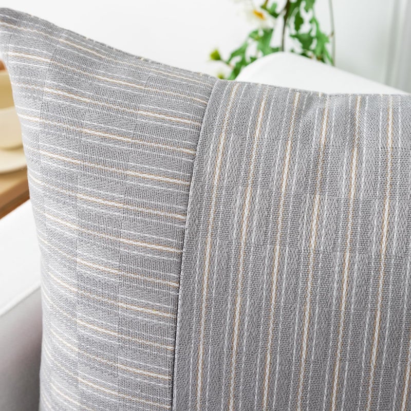 K KEVIN TEXTILE Kevin Textile Grey and Beige Farmhouse Striped Patchwork Linen Decorative Throw Pillows Covers 18x18  Set of 2  Modern Accent Square Cushion Covers for Couch Chair Bedroom Fall Decorations  - Image 2
