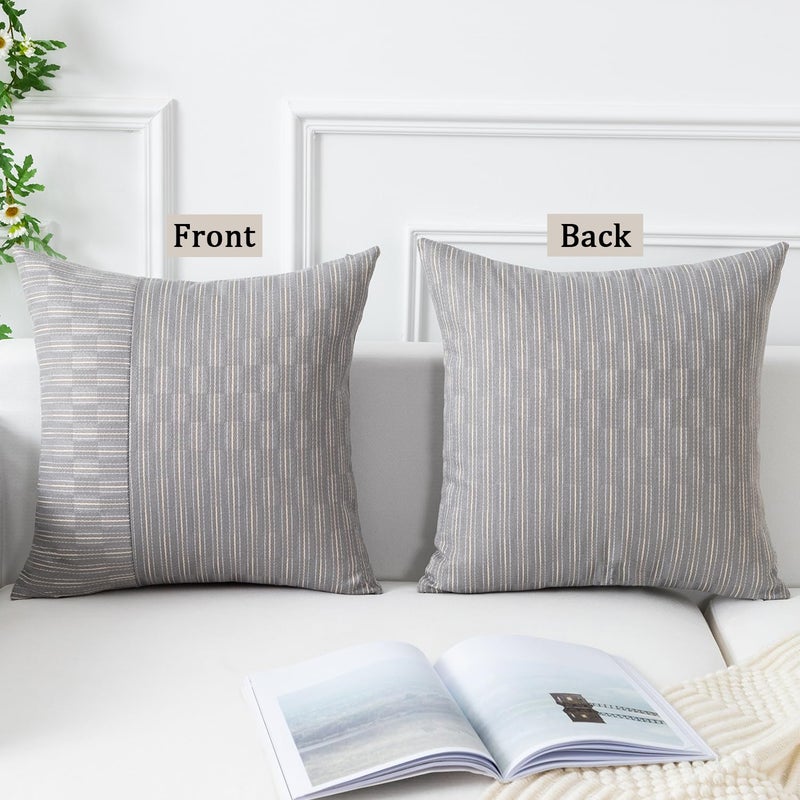 K KEVIN TEXTILE Kevin Textile Grey and Beige Farmhouse Striped Patchwork Linen Decorative Throw Pillows Covers 18x18  Set of 2  Modern Accent Square Cushion Covers for Couch Chair Bedroom Fall Decorations  - Image 4
