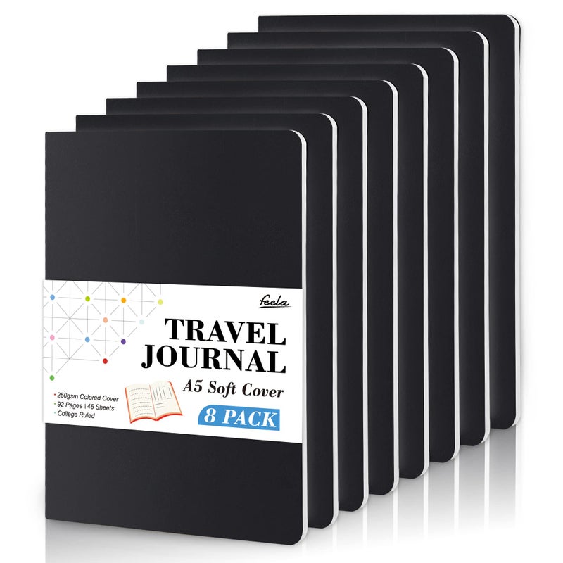 Feela 8 Pack Soft Cover Journal Bulk, Feela Notebooks College Ruled for Work, Lined Travel Journal for Women Men, Note Taking Notebook School Supplies Business Writing, 8.2â€ x 5.5â€, A5, Black - Image 1