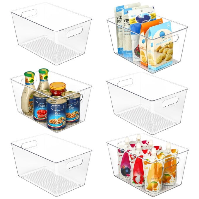 CLEAR PLASTIC STORAGE BINS 6 PCS PANTRY ORGANIZER BINS WITH HANDLE FOR REFRIGERATOR FRIDGE CABINET KITCHEN COUNTERTOPS CUPBOARD FREEZER ORGANIZATION AND STORAGE LARGE