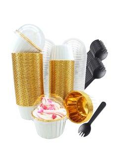SYOSI Cupcake Liners with Dome Lids 50Pack,Free-Air 3.5Oz Mini Foil Baking Cups Muffin Liners,Disposable Ramekins Cupcake Tins Cupcake Wrappers for Wedding Birthday Party,with Spoons-White in gold  - Image 1