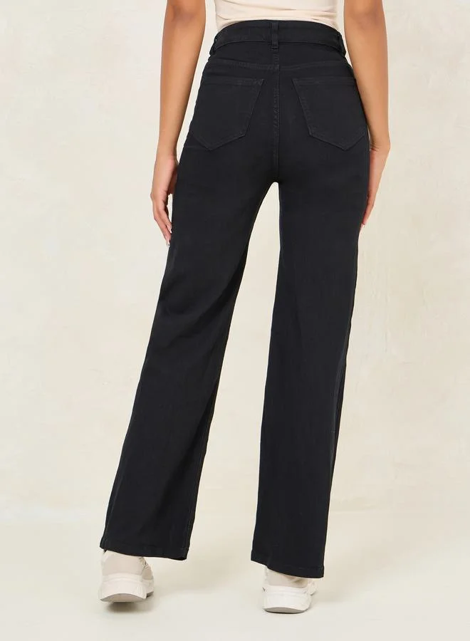 Styli High Rise Wide Leg Jeans with Button-Fly