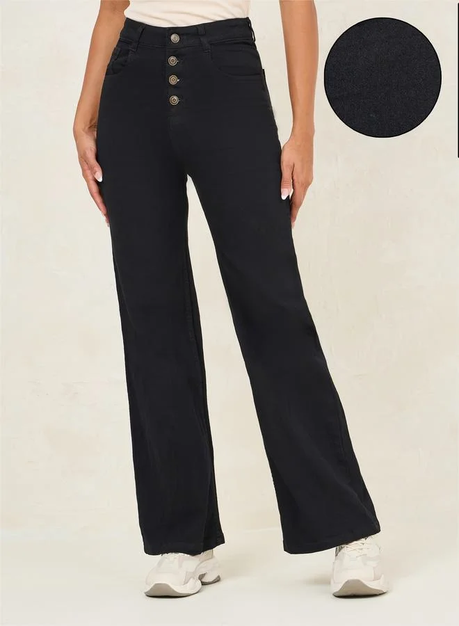 Styli High Rise Wide Leg Jeans with Button-Fly