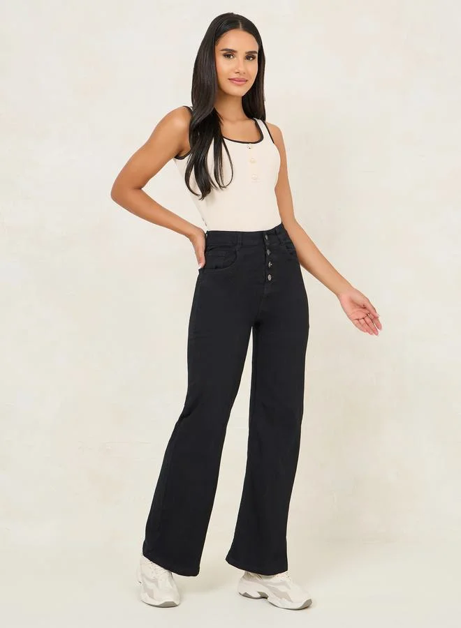 Styli High Rise Wide Leg Jeans with Button-Fly