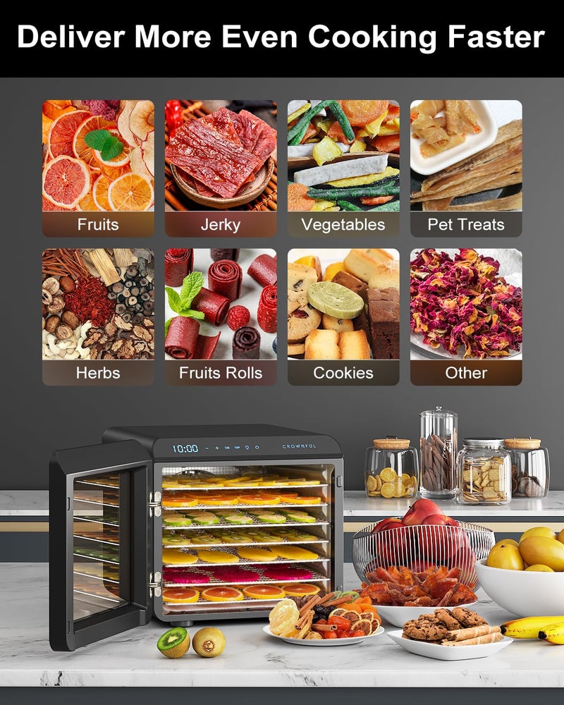 Crownful آلة تجفيف الطعام CROWNFUL، 7 صواني من الفولاذ المقاوم للصدأ، مساحة تجفيف كبيرة، مجفف قابل للتعديل في الوقت ودرجة الحرارة، مجفف لللحم المجفف، الفواكه، اللحوم، الأعشاب، 30+ وصفة مجانية على الإنترنت - Image 4