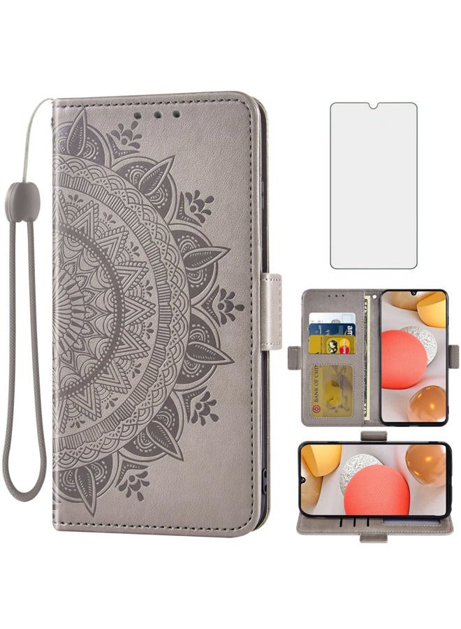 Asuwish Compatible with Samsung Galaxy A42 5G Wallet Case and Tempered Glass Screen Protector Card Holder Flip Wrist Strap Stand Cell Phone Cover for Glaxay A 42 G5 Gaxaly 42A S42 4G 2021 Women Grey - Image 1