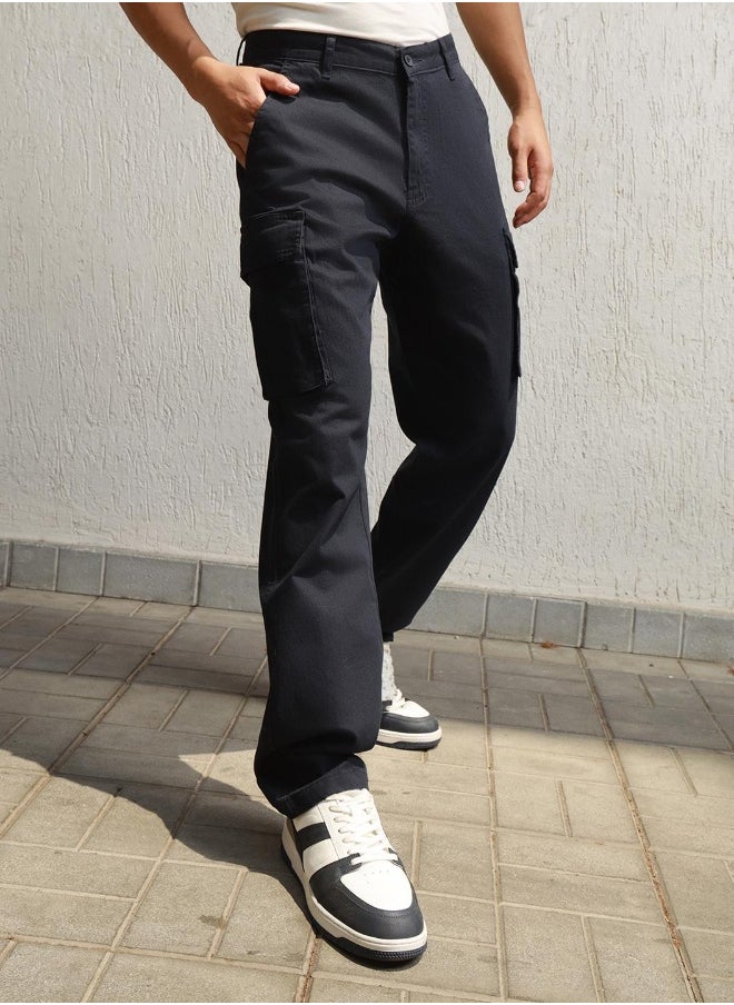 Hubberholme Men's Navy Cotton Blend Solid Pattern Full Length Cargo Relaxed Trouser  - Image 5