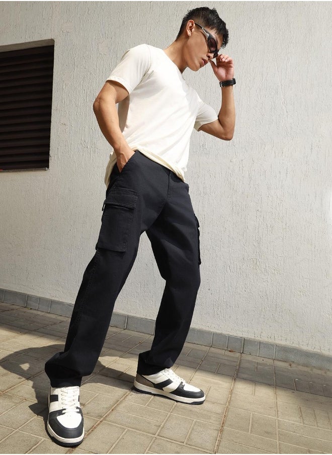 Hubberholme Men's Navy Cotton Blend Solid Pattern Full Length Cargo Relaxed Trouser  - Image 1