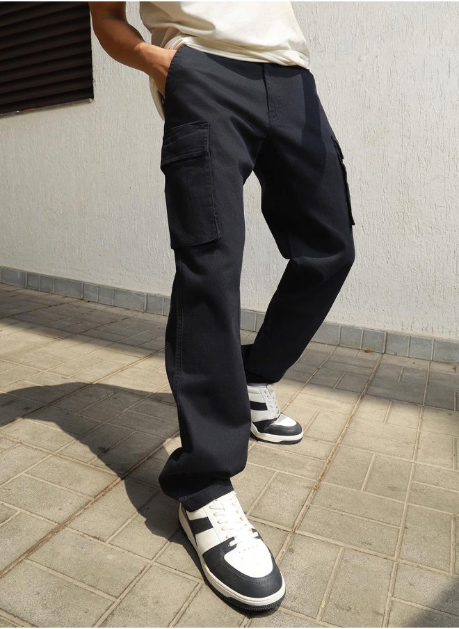 Hubberholme Men's Navy Cotton Blend Solid Pattern Full Length Cargo Relaxed Trouser  - Image 3