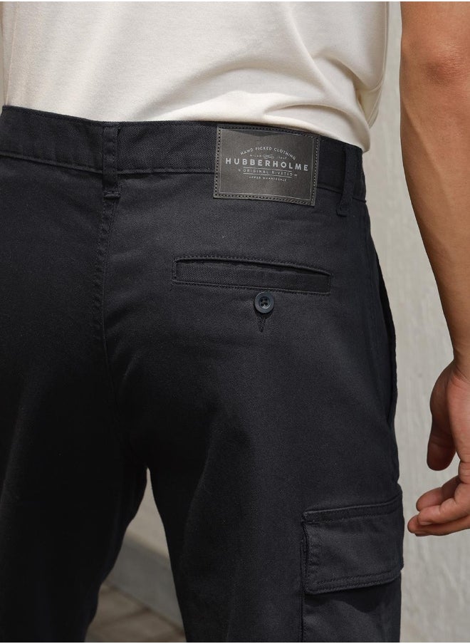 Hubberholme Men's Navy Cotton Blend Solid Pattern Full Length Cargo Relaxed Trouser  - Image 2