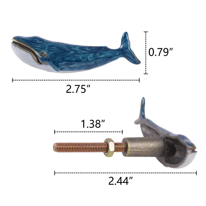 SOFFEE DESIGN Set of 2 Vintage Metal Cabinet Knob Dresser Drawer Pulls with Blue Whale Shape, Distressed Occean Style Closet Handles, Antique Door Knobs with Mounting Screws - Blue - Image 4