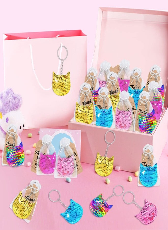 CiciBear 60 Pack Cat Double-Deck Flip Sequin Party Sets with 20 Keychains, 20 Thank You Tags and 20 Bags for Meow Party,Birthday,Carnival, Goodie Bag Stuffers, 5 Colors - Image 4