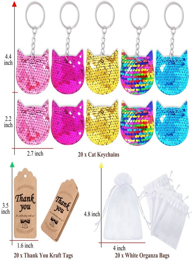 CiciBear 60 Pack Cat Double-Deck Flip Sequin Party Sets with 20 Keychains, 20 Thank You Tags and 20 Bags for Meow Party,Birthday,Carnival, Goodie Bag Stuffers, 5 Colors - Image 3