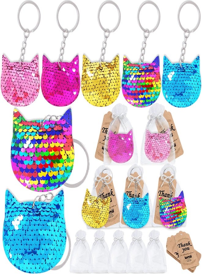 CiciBear 60 Pack Cat Double-Deck Flip Sequin Party Sets with 20 Keychains, 20 Thank You Tags and 20 Bags for Meow Party,Birthday,Carnival, Goodie Bag Stuffers, 5 Colors - Image 2