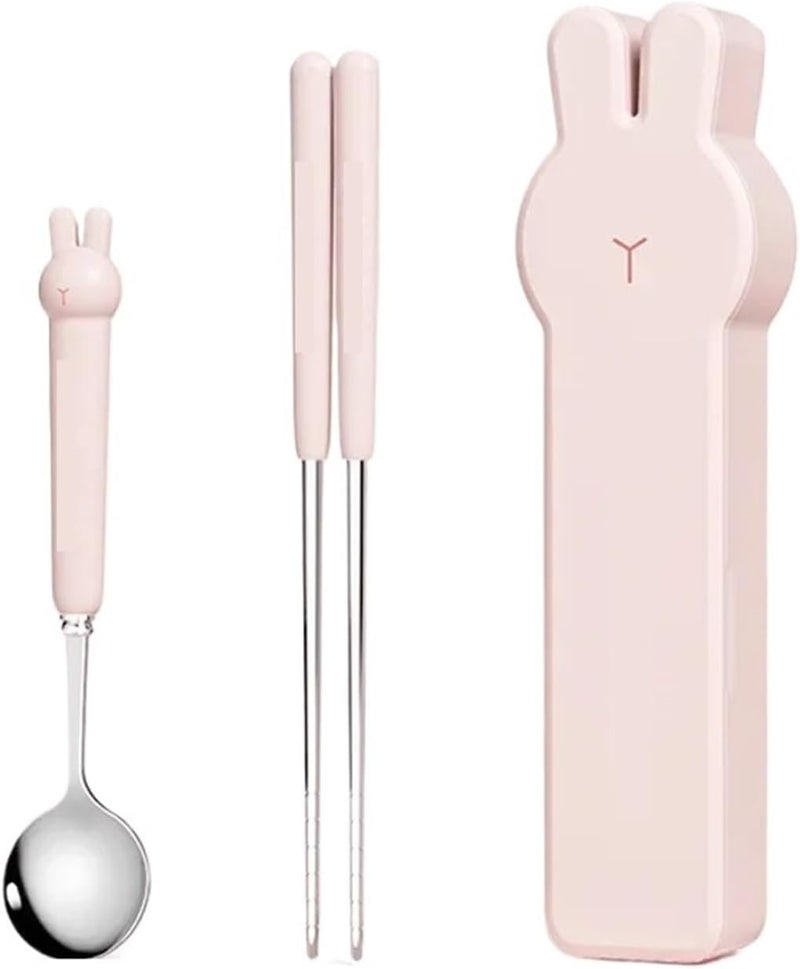 Cartoon Bear Cutlery Set with Case Stainless Steel Fork Spoon Portable Travel Tableware Reusable Flatware(Rabbit-Set B) - Image 1